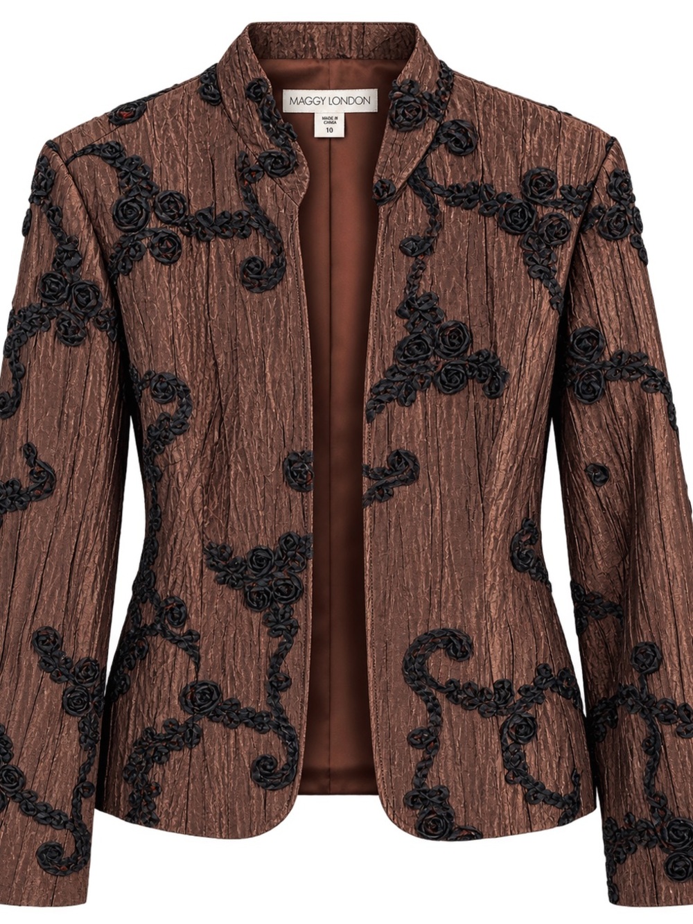 Maggy London Brown Embroidered Open-Front Blazer